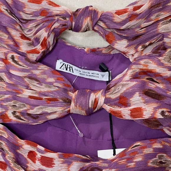Zara Mini Chiffon Printed Dress Purple Gold Sparkle Spaghetti Straps Size XL - Picture 6 of 7
